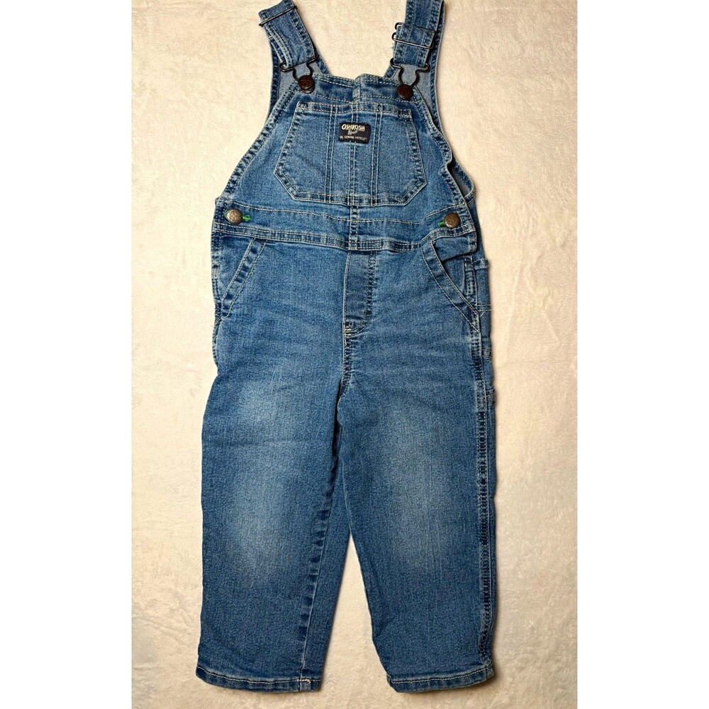 OshKosh B'gosh Blue Denim Cotton Overalls 3T Unisex Toddler Pockets Buckle